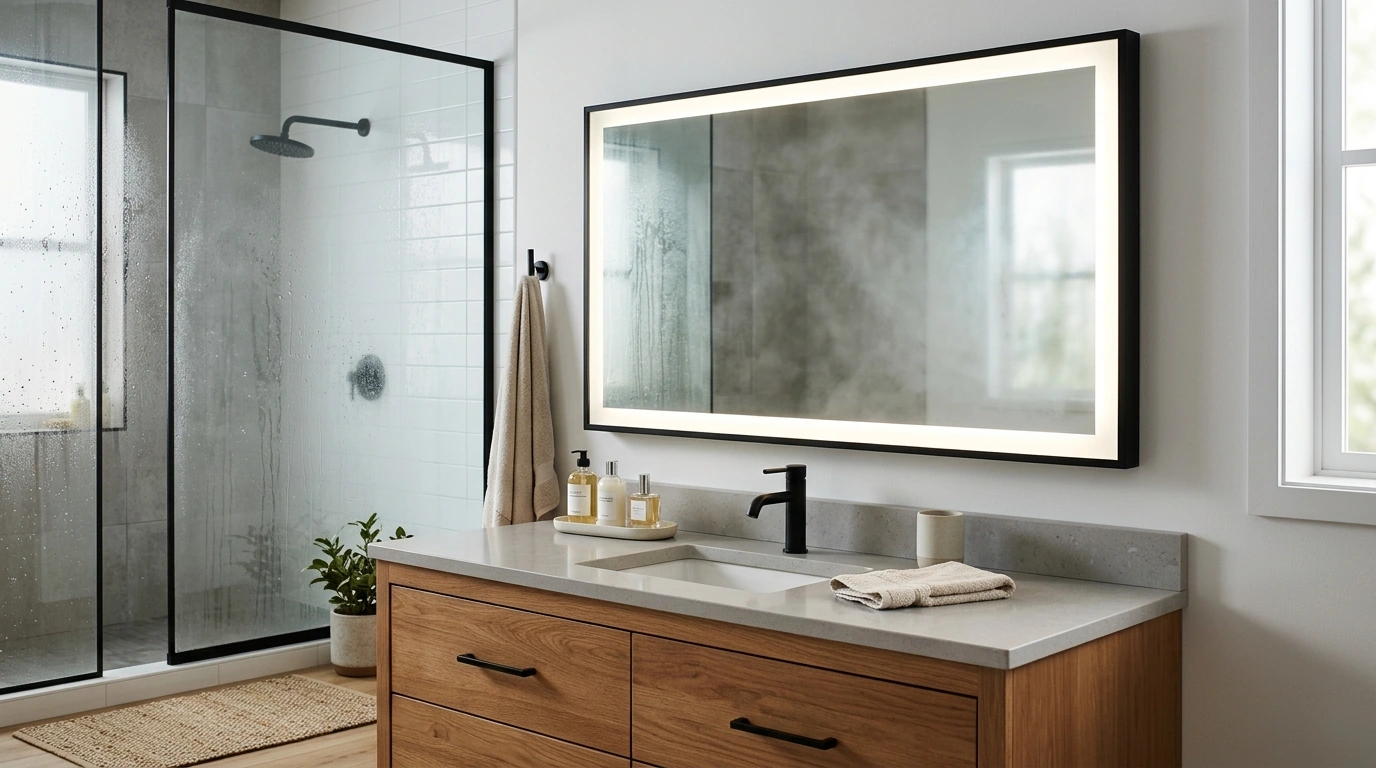 48x32 Black Lighted Bathroom Mirror: Dimmable & Anti-Fog